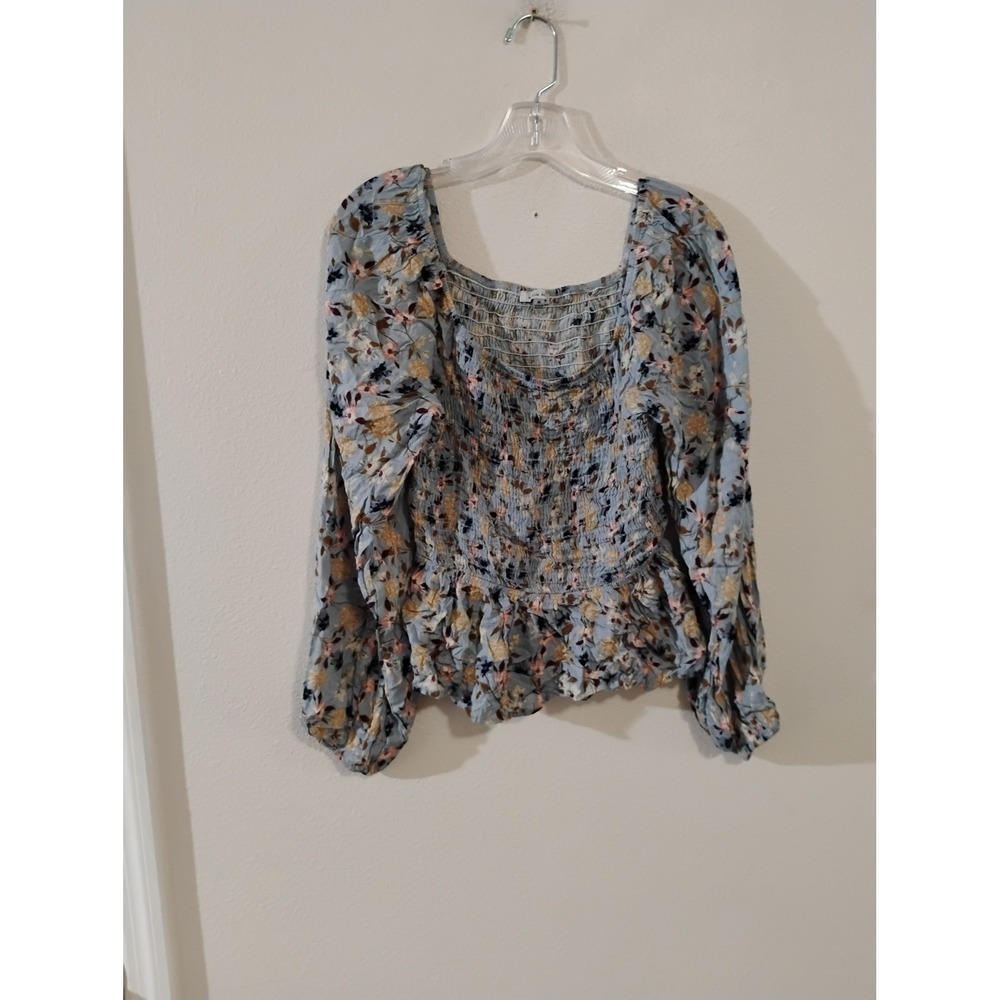 White Birch Floral Smocked Bodice Top Blue Long Balloon Sleeve Square Neck M
